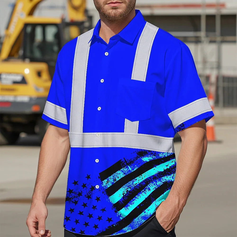 Hi Vis Hawaiian Shirt Reflective Tapes Blue USA Flag Safety Workwear