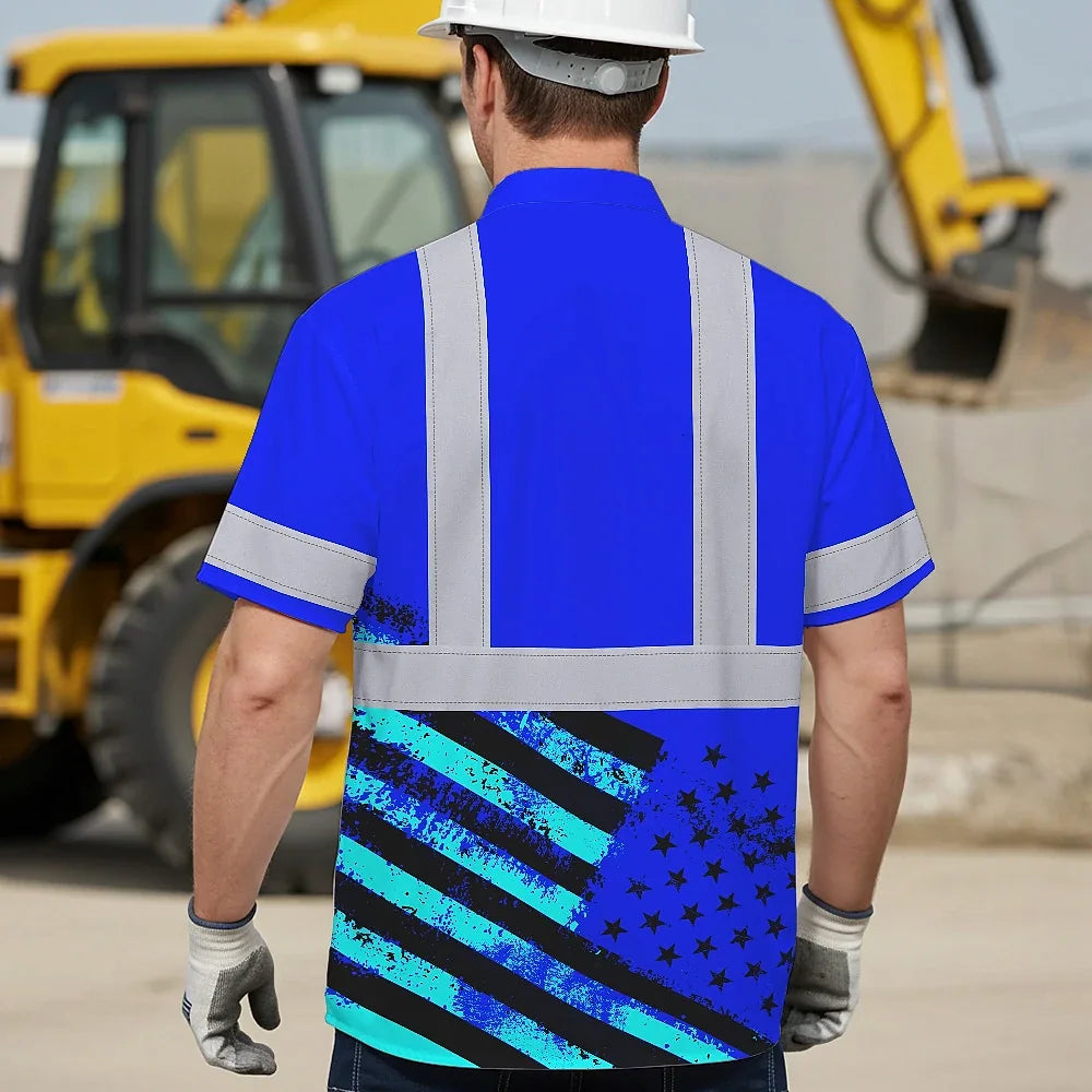 Hi Vis Hawaiian Shirt Reflective Tapes Blue USA Flag Safety Workwear