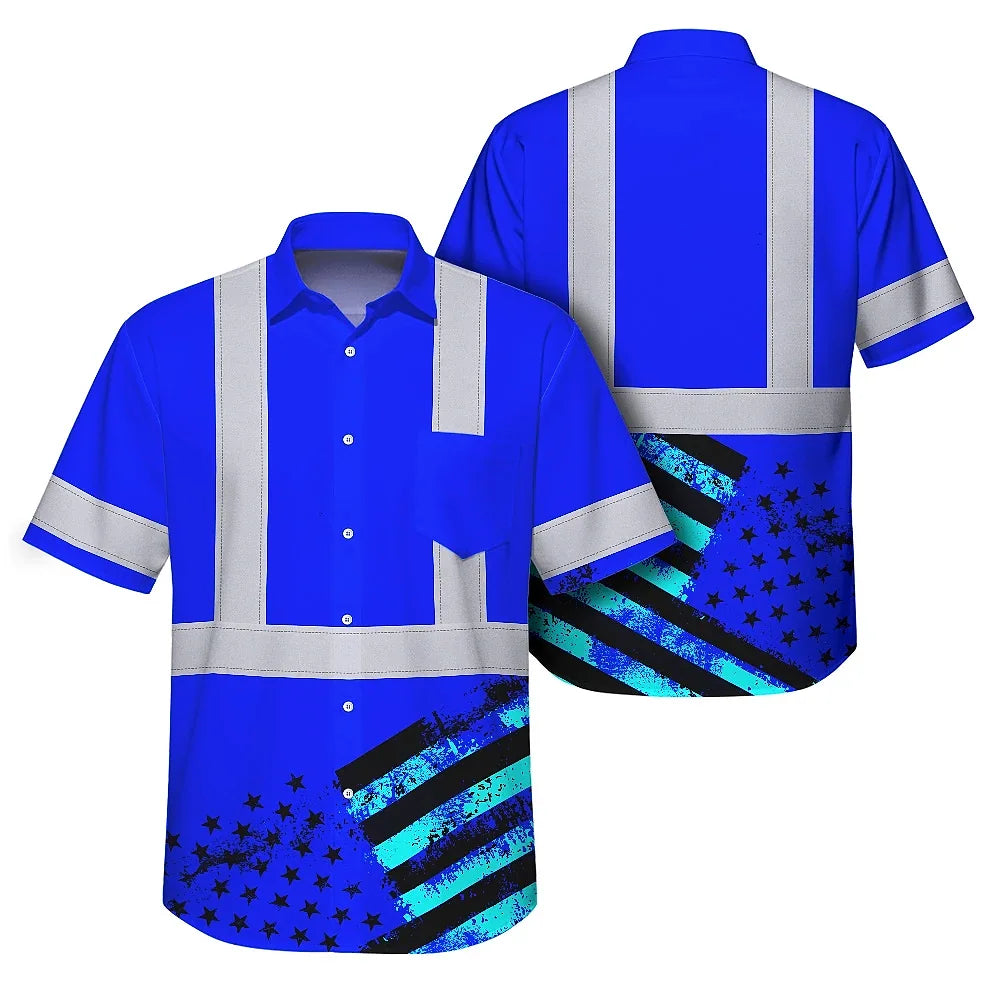 Hi Vis Hawaiian Shirt Reflective Tapes Blue USA Flag Safety Workwear