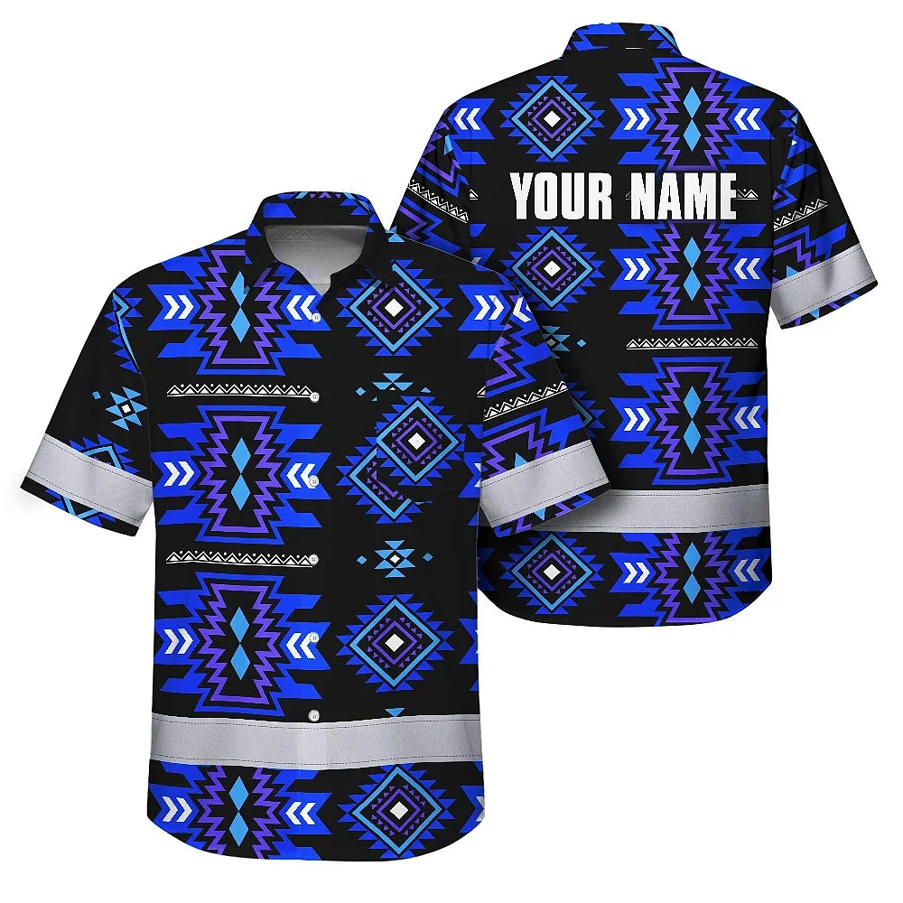 Hi Vis Hawaiian Shirt Reflective Tapes Blue Violet Native Custom Name Safety Workwear For Workers, Truckers, Operators