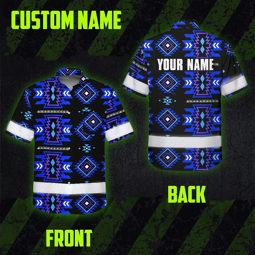 Hi Vis Hawaiian Shirt Reflective Tapes Blue Violet Native Custom Name Safety Workwear For Workers, Truckers, Operators