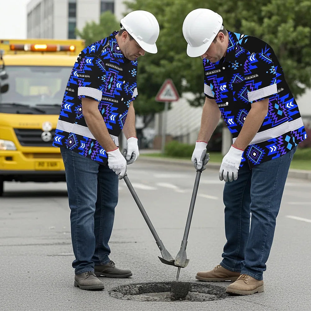 Hi Vis Hawaiian Shirt Reflective Tapes Blue Violet Native Custom Name Safety Workwear For Workers, Truckers, Operators