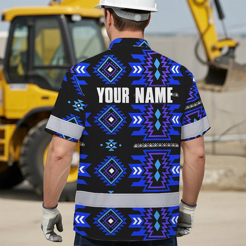 Hi Vis Hawaiian Shirt Reflective Tapes Blue Violet Native Custom Name Safety Workwear For Workers, Truckers, Operators