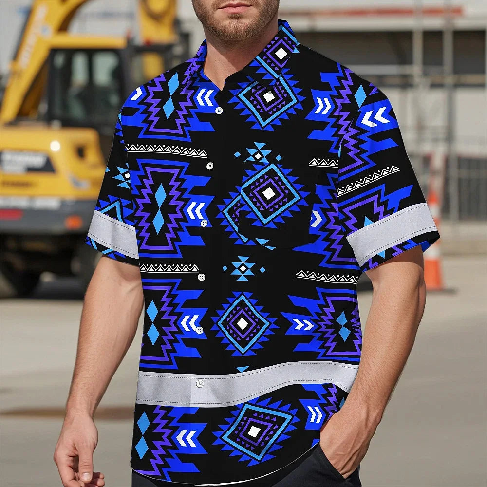 Hi Vis Hawaiian Shirt Reflective Tapes Blue Violet Native Custom Name Safety Workwear For Workers, Truckers, Operators