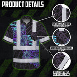 Hi Vis Hawaiian Shirt Reflective Tapes Blue Violet Polynesian Custom Name Safety Workwear For Workers, Truckers, Operators