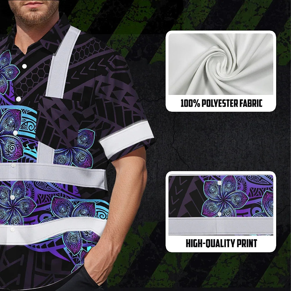 Hi Vis Hawaiian Shirt Reflective Tapes Blue Violet Polynesian Custom Name Safety Workwear For Workers, Truckers, Operators