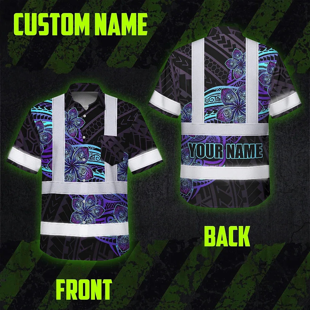 Hi Vis Hawaiian Shirt Reflective Tapes Blue Violet Polynesian Custom Name Safety Workwear For Workers, Truckers, Operators