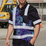 Hi Vis Hawaiian Shirt Reflective Tapes Blue Violet Polynesian Custom Name Safety Workwear For Workers, Truckers, Operators
