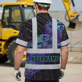 Hi Vis Hawaiian Shirt Reflective Tapes Blue Violet Polynesian Custom Name Safety Workwear For Workers, Truckers, Operators