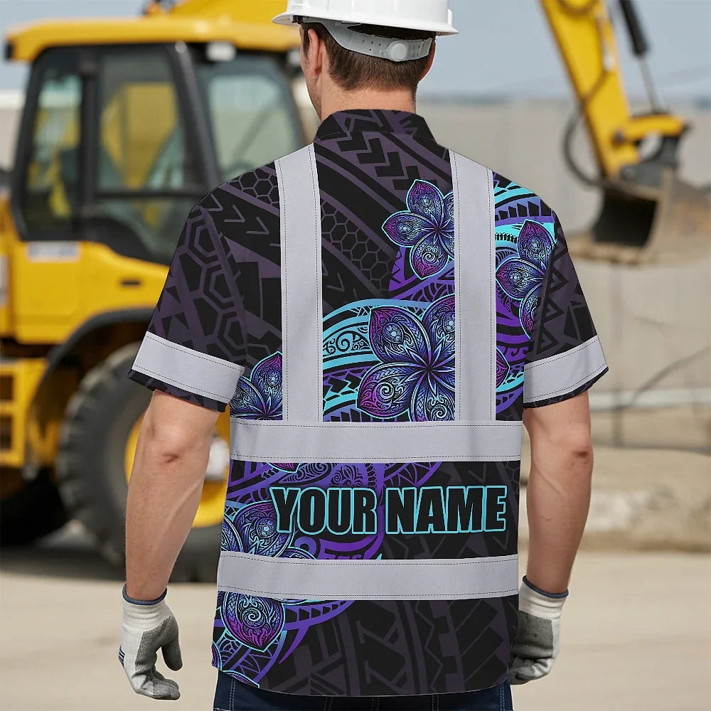 Hi Vis Hawaiian Shirt Reflective Tapes Blue Violet Polynesian Custom Name Safety Workwear For Workers, Truckers, Operators