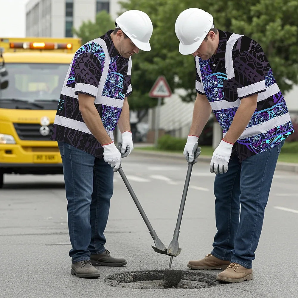 Hi Vis Hawaiian Shirt Reflective Tapes Blue Violet Polynesian Custom Name Safety Workwear For Workers, Truckers, Operators