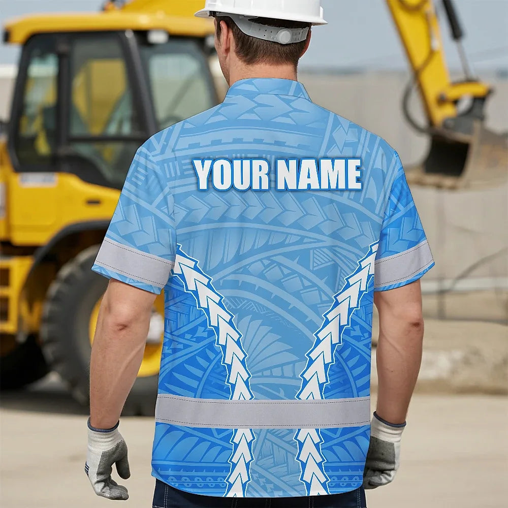 Hi Vis Hawaiian Shirt Reflective Tapes Blue White Neon Polynesian Tribal Custom Name Safety Workwear For Workers, Truckers, Operators