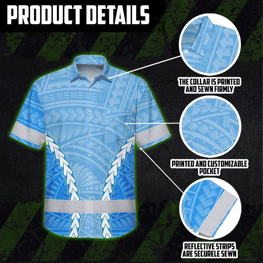 Hi Vis Hawaiian Shirt Reflective Tapes Blue White Neon Polynesian Tribal Custom Name Safety Workwear For Workers, Truckers, Operators