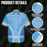 Hi Vis Hawaiian Shirt Reflective Tapes Blue White Neon Polynesian Tribal Custom Name Safety Workwear For Workers, Truckers, Operators