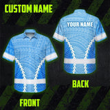 Hi Vis Hawaiian Shirt Reflective Tapes Blue White Neon Polynesian Tribal Custom Name Safety Workwear For Workers, Truckers, Operators