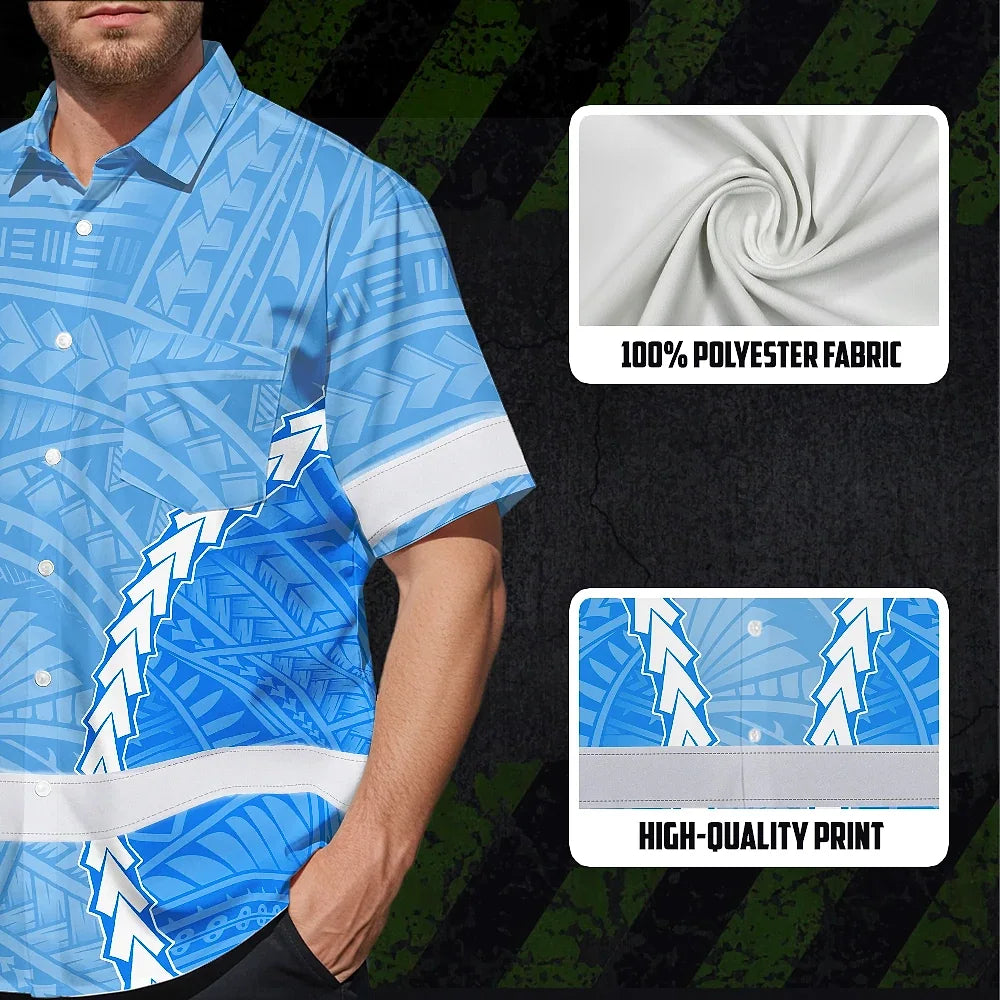 Hi Vis Hawaiian Shirt Reflective Tapes Blue White Neon Polynesian Tribal Custom Name Safety Workwear For Workers, Truckers, Operators