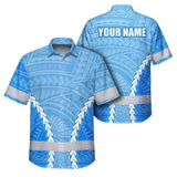 Hi Vis Hawaiian Shirt Reflective Tapes Blue White Neon Polynesian Tribal Custom Name Safety Workwear For Workers, Truckers, Operators