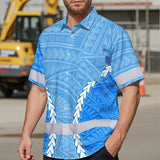 Hi Vis Hawaiian Shirt Reflective Tapes Blue White Neon Polynesian Tribal Custom Name Safety Workwear For Workers, Truckers, Operators