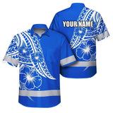 Hi Vis Hawaiian Shirt Reflective Tapes Blue White Polynesian Custom Name Safety Workwear For Workers, Truckers, Operators