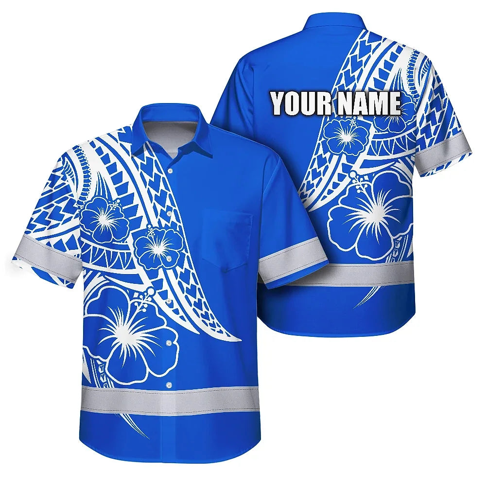 Hi Vis Hawaiian Shirt Reflective Tapes Blue White Polynesian Custom Name Safety Workwear For Workers, Truckers, Operators
