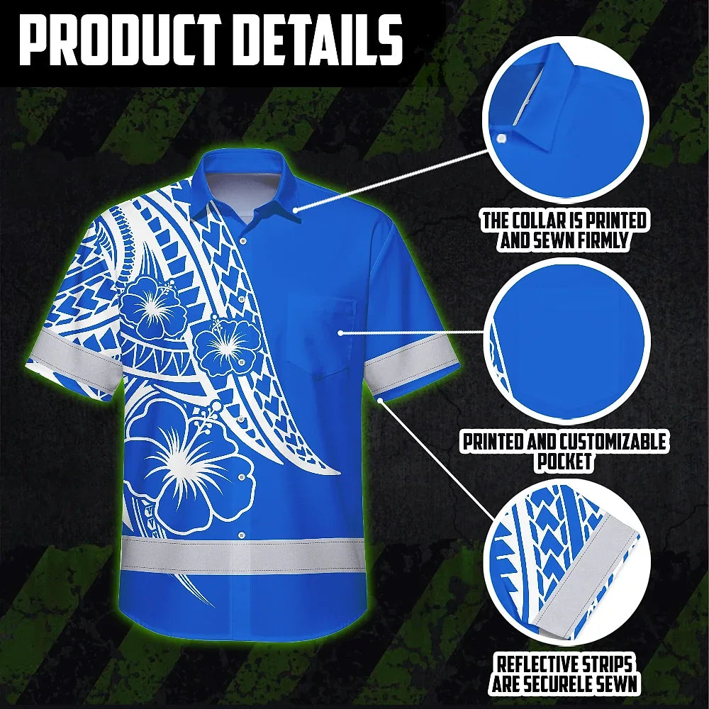 Hi Vis Hawaiian Shirt Reflective Tapes Blue White Polynesian Custom Name Safety Workwear For Workers, Truckers, Operators
