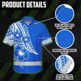 Hi Vis Hawaiian Shirt Reflective Tapes Blue White Polynesian Custom Name Safety Workwear For Workers, Truckers, Operators