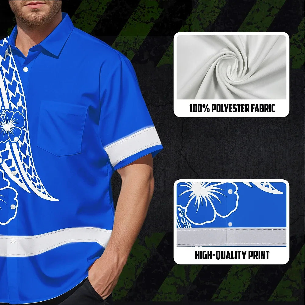 Hi Vis Hawaiian Shirt Reflective Tapes Blue White Polynesian Custom Name Safety Workwear For Workers, Truckers, Operators