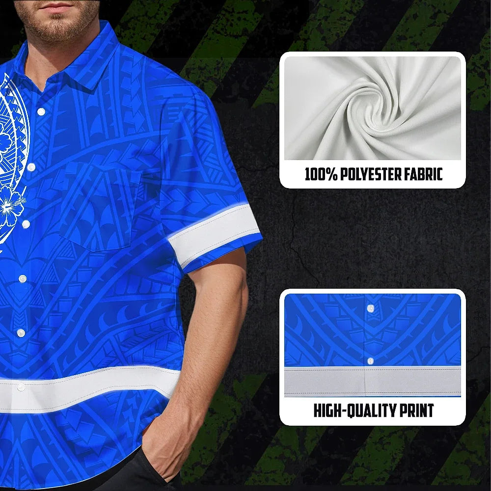 Hi Vis Hawaiian Shirt Reflective Tapes Blue White Polynesian Custom Name Safety Workwear For Workers, Truckers, Operators