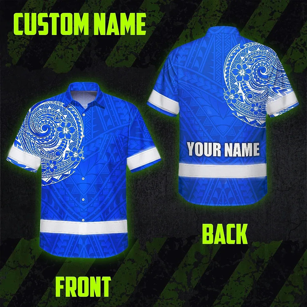Hi Vis Hawaiian Shirt Reflective Tapes Blue White Polynesian Custom Name Safety Workwear For Workers, Truckers, Operators
