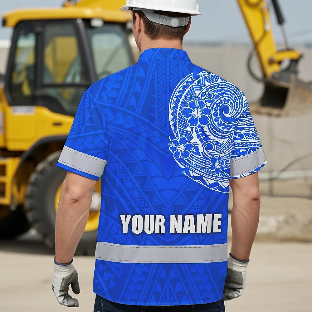 Hi Vis Hawaiian Shirt Reflective Tapes Blue White Polynesian Custom Name Safety Workwear For Workers, Truckers, Operators