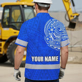 Hi Vis Hawaiian Shirt Reflective Tapes Blue White Polynesian Custom Name Safety Workwear For Workers, Truckers, Operators
