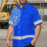Hi Vis Hawaiian Shirt Reflective Tapes Blue White Polynesian Custom Name Safety Workwear For Workers, Truckers, Operators