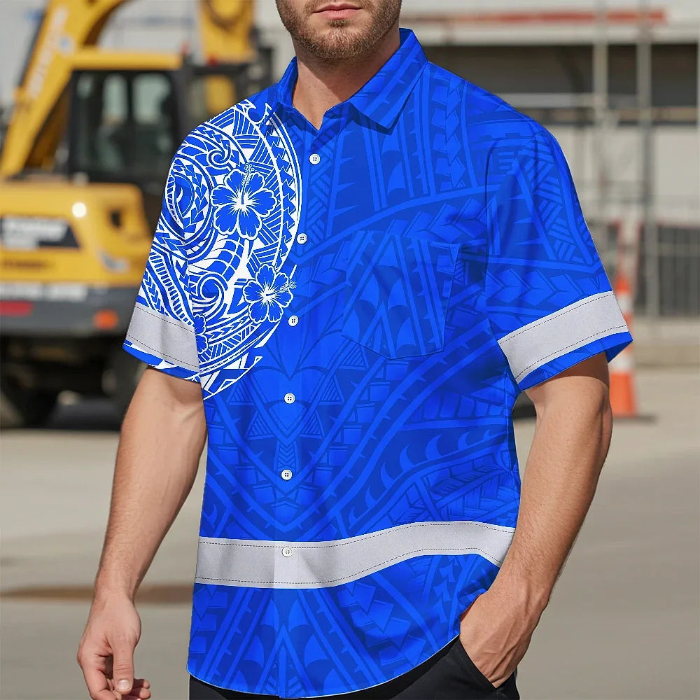 Hi Vis Hawaiian Shirt Reflective Tapes Blue White Polynesian Custom Name Safety Workwear For Workers, Truckers, Operators