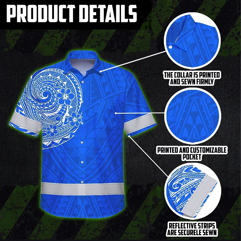 Hi Vis Hawaiian Shirt Reflective Tapes Blue White Polynesian Custom Name Safety Workwear For Workers, Truckers, Operators