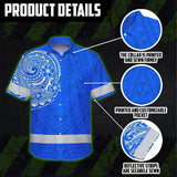 Hi Vis Hawaiian Shirt Reflective Tapes Blue White Polynesian Custom Name Safety Workwear For Workers, Truckers, Operators