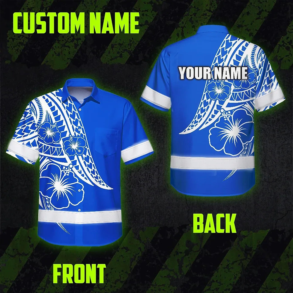 Hi Vis Hawaiian Shirt Reflective Tapes Blue White Polynesian Custom Name Safety Workwear For Workers, Truckers, Operators
