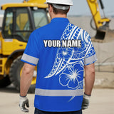 Hi Vis Hawaiian Shirt Reflective Tapes Blue White Polynesian Custom Name Safety Workwear For Workers, Truckers, Operators