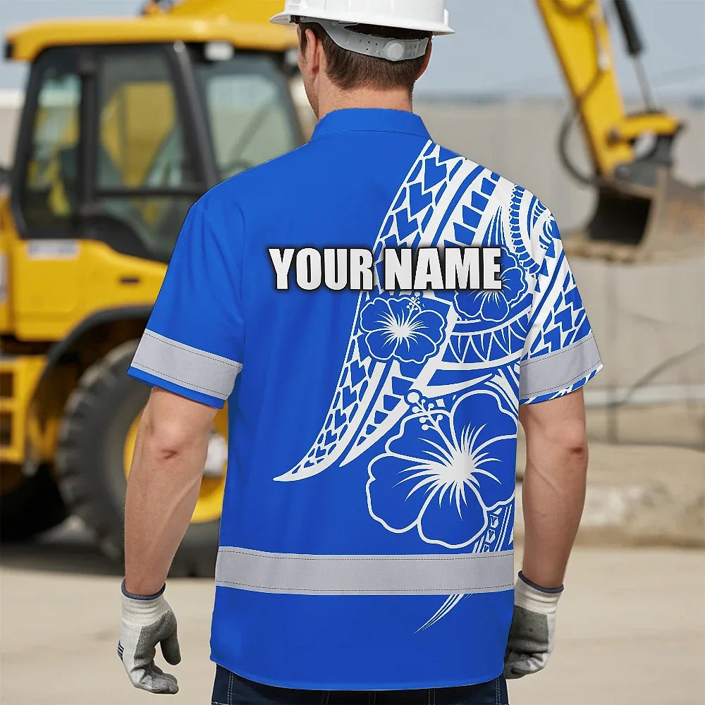 Hi Vis Hawaiian Shirt Reflective Tapes Blue White Polynesian Custom Name Safety Workwear For Workers, Truckers, Operators