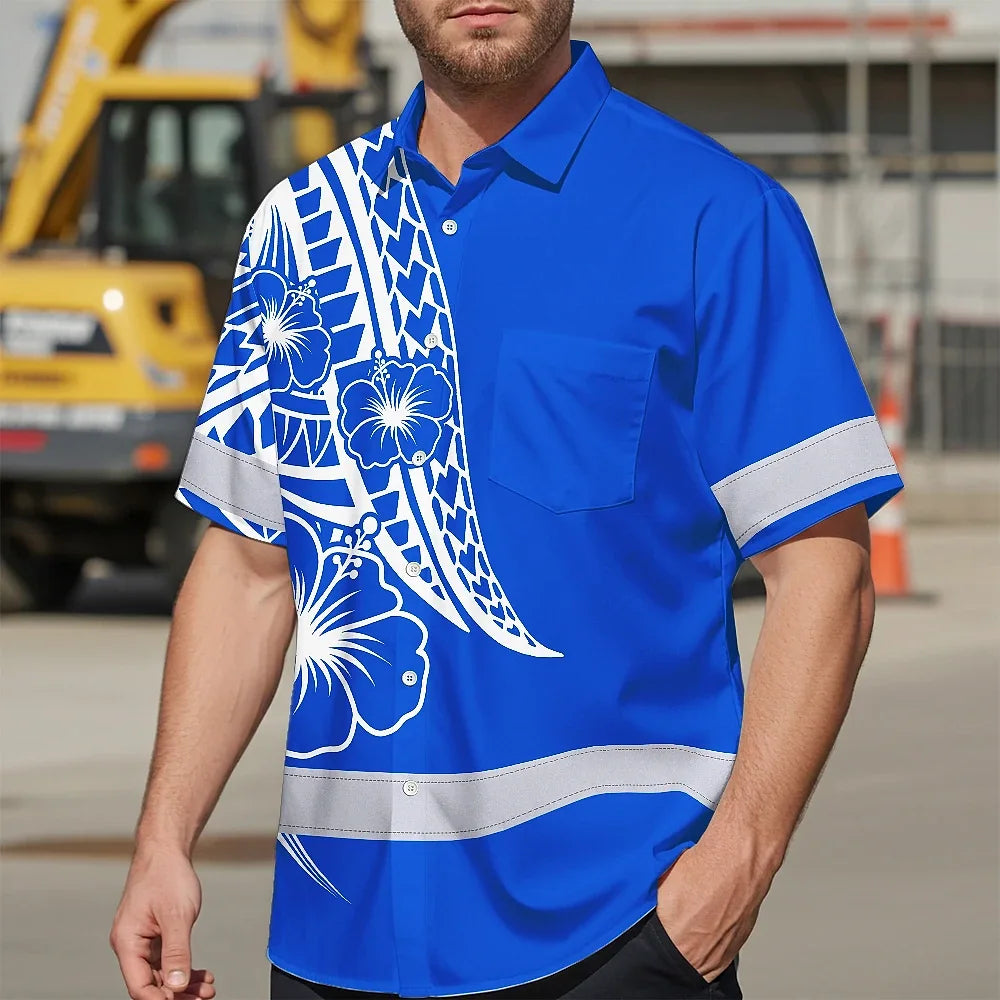 Hi Vis Hawaiian Shirt Reflective Tapes Blue White Polynesian Custom Name Safety Workwear For Workers, Truckers, Operators