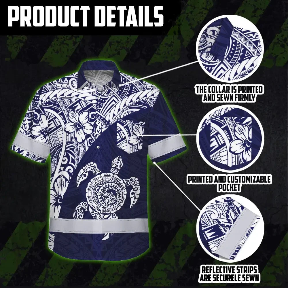 Hi Vis Hawaiian Shirt Reflective Tapes Blue White Turtle Hawaiian Polynesian Tribal