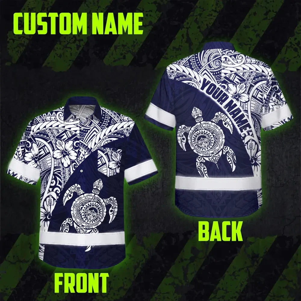 Hi Vis Hawaiian Shirt Reflective Tapes Blue White Turtle Hawaiian Polynesian Tribal