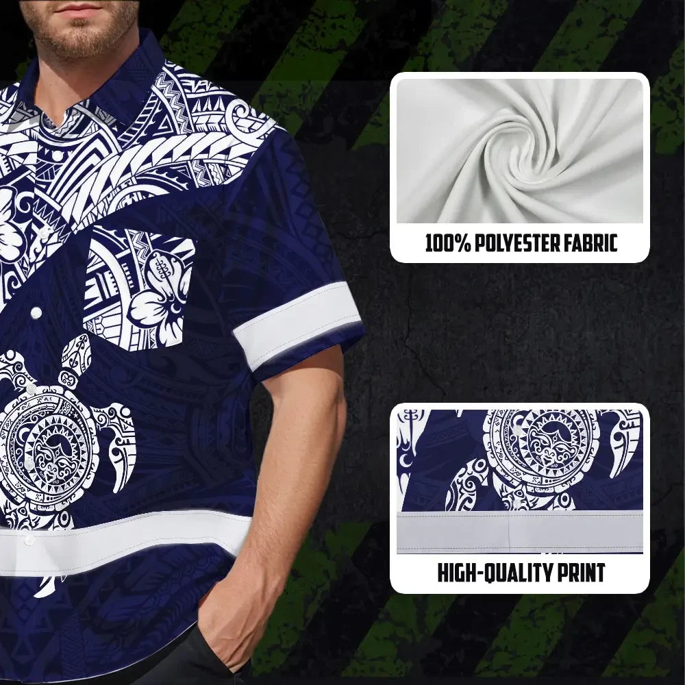 Hi Vis Hawaiian Shirt Reflective Tapes Blue White Turtle Hawaiian Polynesian Tribal