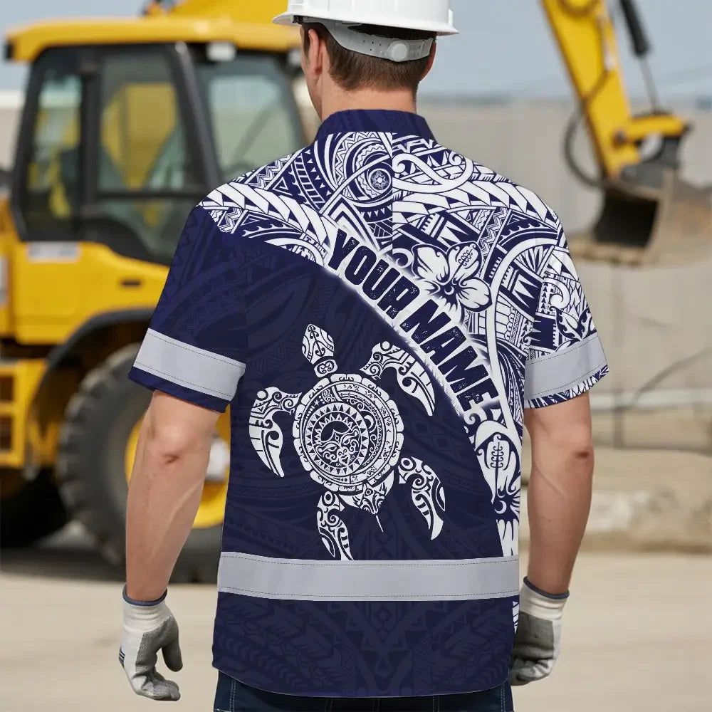 Hi Vis Hawaiian Shirt Reflective Tapes Blue White Turtle Hawaiian Polynesian Tribal
