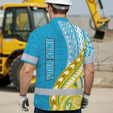 Hi Vis Hawaiian Shirt Reflective Tapes Blue Yellow Polynesian Custom Name Safety Workwear For Workers, Truckers, Operators