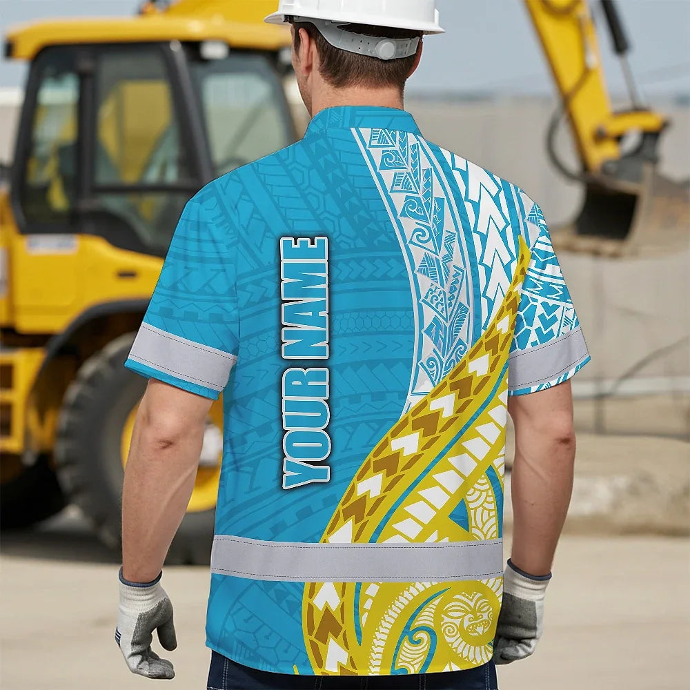 Hi Vis Hawaiian Shirt Reflective Tapes Blue Yellow Polynesian Custom Name Safety Workwear For Workers, Truckers, Operators