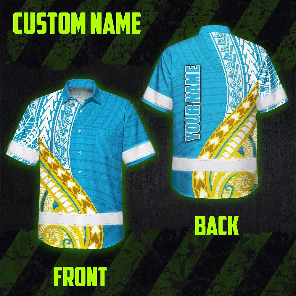 Hi Vis Hawaiian Shirt Reflective Tapes Blue Yellow Polynesian Custom Name Safety Workwear For Workers, Truckers, Operators