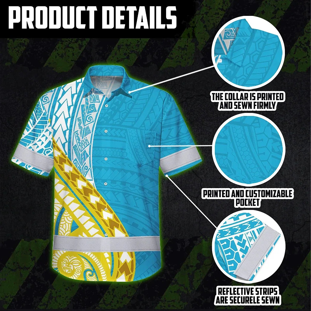 Hi Vis Hawaiian Shirt Reflective Tapes Blue Yellow Polynesian Custom Name Safety Workwear For Workers, Truckers, Operators