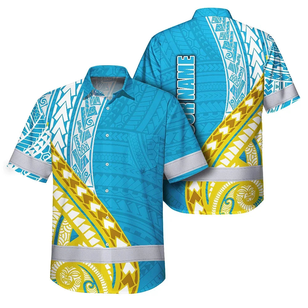 Hi Vis Hawaiian Shirt Reflective Tapes Blue Yellow Polynesian Custom Name Safety Workwear For Workers, Truckers, Operators
