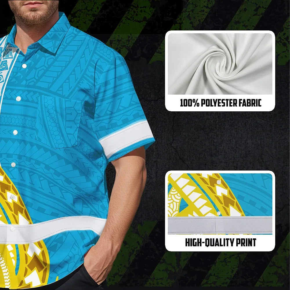Hi Vis Hawaiian Shirt Reflective Tapes Blue Yellow Polynesian Custom Name Safety Workwear For Workers, Truckers, Operators