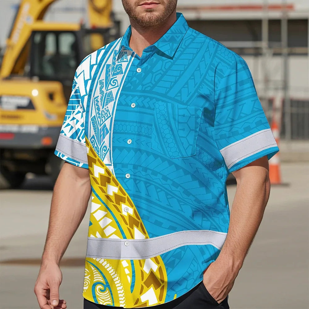 Hi Vis Hawaiian Shirt Reflective Tapes Blue Yellow Polynesian Custom Name Safety Workwear For Workers, Truckers, Operators